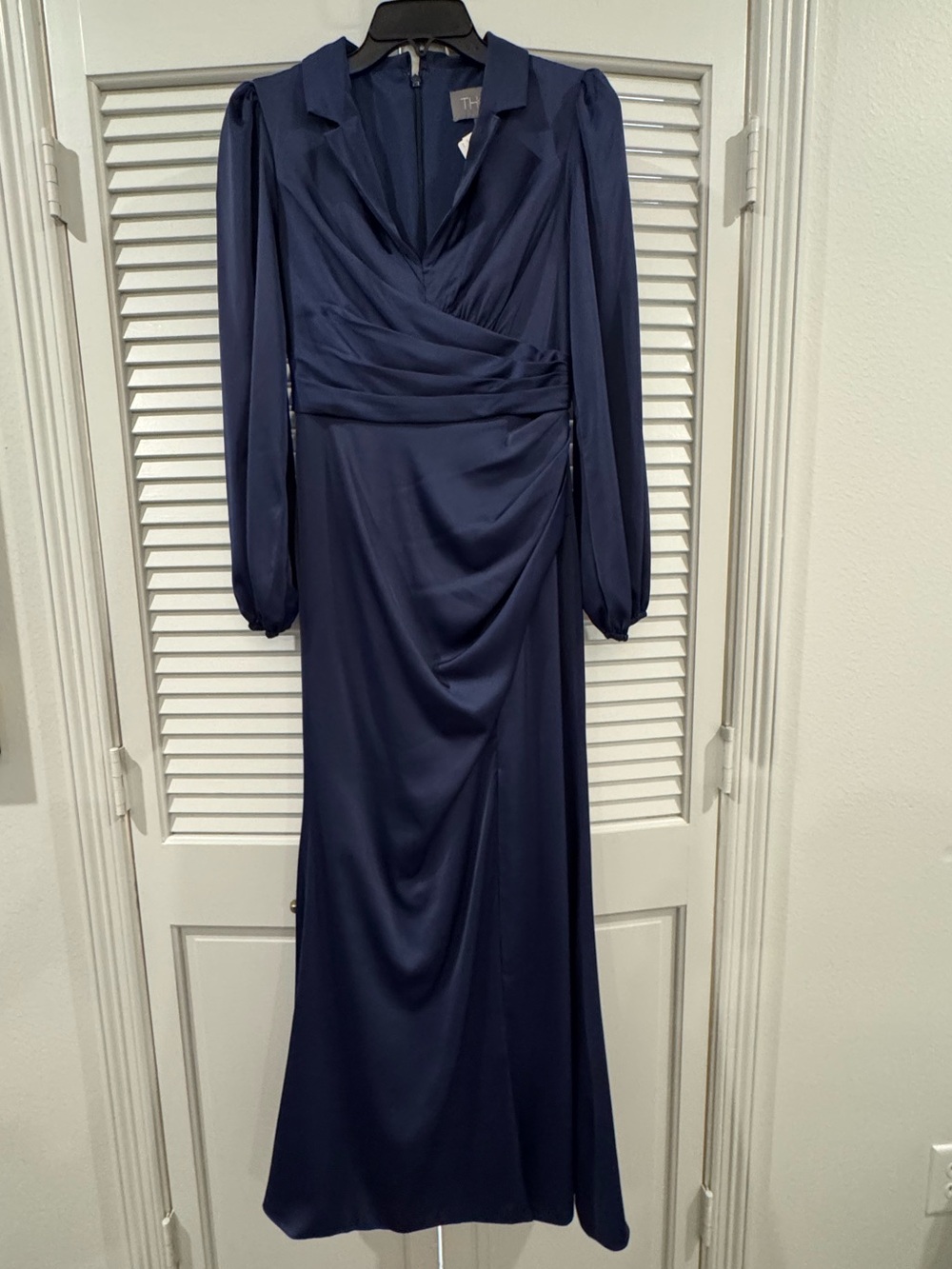 Elegant Navy Long Sleeve Faux Wrap Maxi Dress